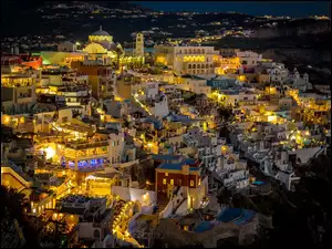 Noc, Miasto nocą, Santorini, Grecja, Domy