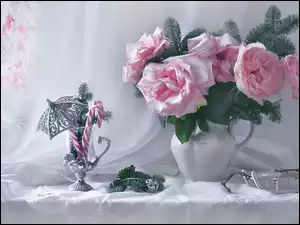 Róże, Szklanka, Różowe, Kompozycja, Saneczki