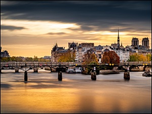 Most, Domy, Francja, Rzeka Sekwana, Paryż, Chmury, Drzewa