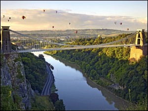 Anglia, Avon River, Bristol, Clifton Suspension Bridge, Balony, Skały, Lasy, Rzeka, Most