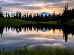 Stany Zjednoczone, Tipsoo Lake, Stan Waszyngton, Wschód słońca, Chmury, Park Narodowy Mount Rainier, Stratowulkan Mount Rainier, Jezioro, Drzewa