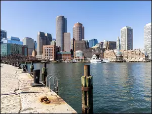 Massachusetts, Boston, Panorama, Stany Zjednoczone, Statki, Wieżowce, Wybrzeże