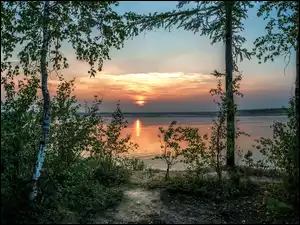 Widok z lasu na jezioro w blasku zachodzącego słońca