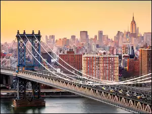Most Brookliński, Brooklyn Bridge, Stany Zjednoczone, Most, Nowy Jork, Manhattan, Domy
