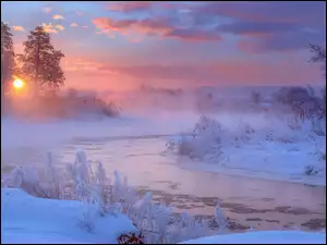 Rzeka Gwda, Mgła, Polska, Zima, Chmury, Wschód słońca, Drzewa