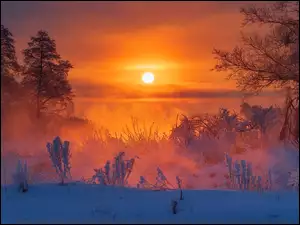 Pomarańczowe niebo wschodzącego słońca nad zimową rzeką Gwda