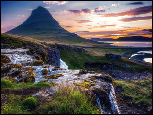 Rzeka, Góra Kirkjufell, Wchód słońca, Islandia, Wodospad Kirkjufellsfoss, Półwysep Snaefellsnes