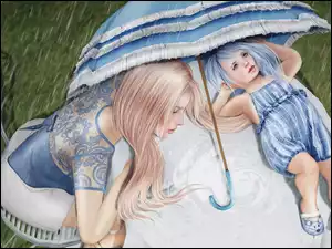 Dwie dziewczynki odpoczywające w ogrodzie pod parasolem