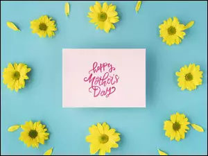 Happy Mothers Day, Dzień Matki, Kartka, Niebieskie, Żółte, Napis, Tło, Kwiaty