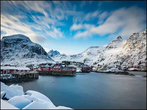 Góry, Lofoty, Śnieg, Norwegia, Zima, Chmury, Domy