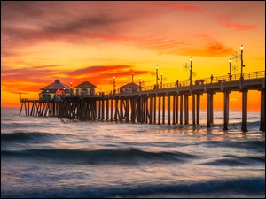 Huntington Beach, Morze, Huntington Beach Pier, Kalifornia, Fale, Zachód słońca, Stany Zjednoczone, Molo