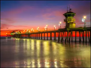 Światła, Stany Zjednoczone, Morze, Latarnie, Kalifornia, Molo, Zachód słońca, Huntington Beach