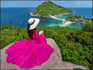Tajlandia, Kapelusz, Wyspy, Skały, Morze Andamańskie, Różowa, Sukienka, Kobieta, Drzewa