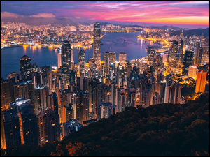 Noc, Oświetlone, Chiny, Hongkong, Port Wiktorii, Zatoka Wiktorii, Wieżowce