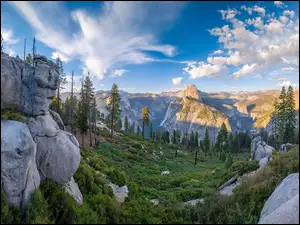 Yosemite Valley, Sierra Nevada, Park Narodowy Yosemite, Drzewa, Glacier Point, Kalifornia, Góry, Punkt widokowy, Skały, Dolina, Stany Zjednoczone