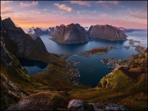 Lofoty, Norwegia, Morze Północne, Wioski, Góry, Domy