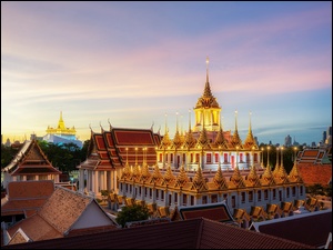 Bangkok, Świątynia, Niebo, Tajlandia, Oświetlenia, Wieczór, Wat Ratchantdarm
