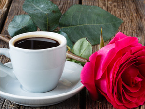 Na stole róża z filiżanką kawy