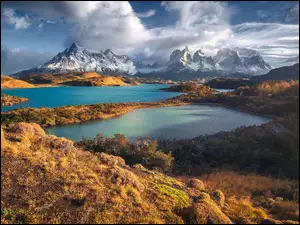 Cordillera del Paine, Chmury, Chile, Góry, Patagonia, Park Narodowy Torres del Paine, Jeziora