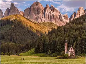 Łąka, Santa Maddalena, Dolina Val di Funes, Wieś, Południowy Tyrol, Włochy, Dolomity, Góry, Kościół św Jana, Drzewa