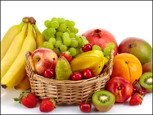 Banany, Owoce, Kiwi, Koszyk, Winogrona, Jabłka