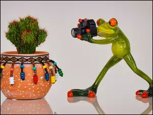 Figurka żaby fotografująca kaktus w doniczce