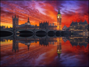 Big Ben, Wielka Brytania, Most, Zachód słońca, Anglia, Westminster, Rzeka Tamiza, Londyn