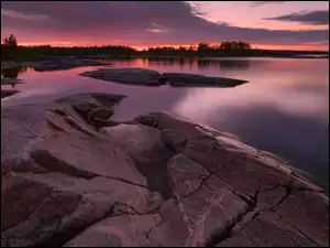 Karelia, Jezioro Ładoga, Drzewa, Rosja, Wysepki, Skały, Zachód słońca