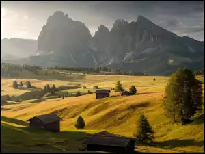 Chmury, Płaskowyż Seiser Alm, Drzewa, Drewniane, Domki, Dolina Val Gardena, Dolomity, Włochy, Góry Sassolungo