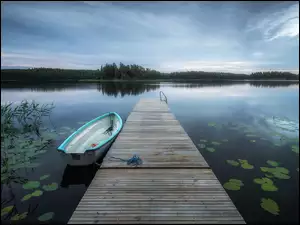 Pomost, Jezioro, Szwecja, Drewniany, Trawa, Łódka, Muskan Lake