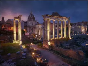 Rzym, Ruiny, Światła, Włochy, Noc, Świątynia Saturna, Forum Romanum
