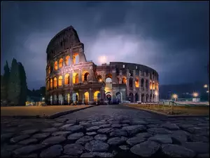 Rzym, Koloseum, Drzewa, Włochy, Światła, Noc, Amfiteatr Flawiuszów