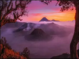 Wulkany, Góry, Wyspa Jawa, Zachód słońca, Mount Bromo, Indonezja