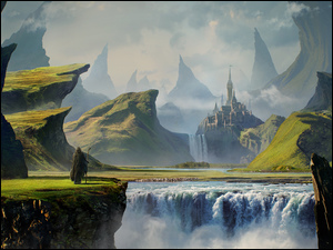 Wodospad, Wędrowiec, Niebo, Skały, Góry, Chmury, Zamek, Fantasy, Mgła, Rzeka, Zieleń Wędrowiec na tle zamku na skałach