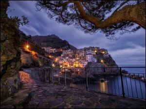 Zatoka, Domy, Światła, Kolorowe, Gmina Riomaggiore, Włochy, Cinque Terre, Manarola, Morze Liguryjskie, Noc
