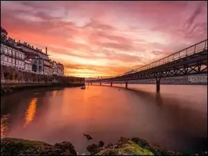 Domy, Most, Portugalia, Rzeka Duero, Porto, Zachód słońca, Wiadukt