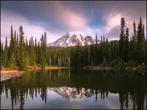 Odbicie, Jezioro, Reflection Lake, Drzewa, Stan Waszyngton, Stany Zjednoczone, Stratowulkan, Park Narodowy Mount Rainier, Góra, Chmury
