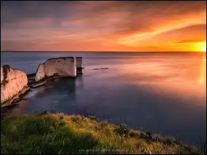 Morze, Skały, Anglia, Zachód słońca, Półwysep Purbeck, Wybrzeże, Old Harry Rocks