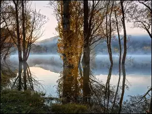 Jezioro, Góry, Jesień, Odbicie, Mgła, Drzewa