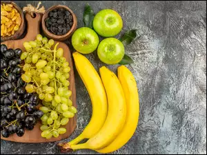 Banany, Jabłka, Winogrona, Owoce, Deska