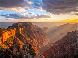 Wielki Kanion Kolorado, Góry, Stany Zjednoczone, Park Narodowy Wielkiego Kanionu, Chmury, Zachód słońca, Skały
