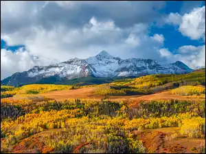 Wilson Peak, Lasy, Chmury, Pożółkłe, Góry, Kolorado, Wzgórze, Jesień, Drzewa, Góra, Stany Zjednoczone