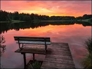 Ławka, Zachód słońca, Jezioro, Pomost