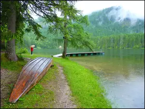 Łódka pod sosną na brzegu górskiego jeziora w padającym deszczu