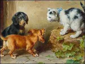 Kot na koszyku i dwa psy na obrazie Carla Reicherta