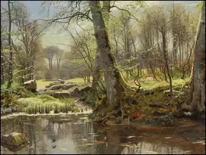 Peder Mork Monsted, Reprodukcja obrazu, Rzeka, Roślinność, Pejzaż, Drzewa