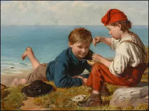 Dwaj chłopcy nad morzem szykujący się do wędkowania w obrazie Williama Hemsleya