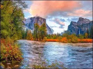 Jesień, Kalifornia, Drzewa, Rzeka, Merced River, Park Narodowy Yosemite, Góry Sierra Nevada, Stany Zjednoczone, Wodospad