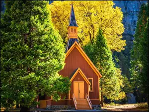 Kalifornia, Park Narodowy Yosemite, Jesień, Stany Zjednoczone, Drzewa, Kaplica, Kościół