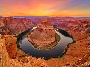 Stany Zjednoczone, Horseshoe Bend, Zachód słońca, Zakole, Skały, Park Narodowy Glen Canyon, Rzeka, Kanion, Kolorado River, Arizona